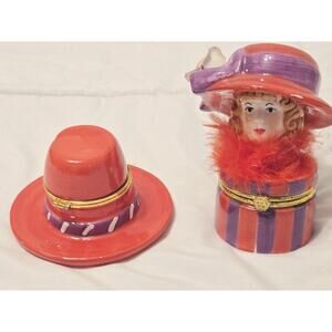 Vtg Set 2 Nantucket Home Red Hatter's Lady Porcelain Trinkets Box W/gold Locking